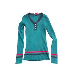 Yoki Women's Green Black Colorblock Long Sleeves V-Neck Sweater Size Small